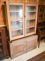 An old glazed pine cabinet, 120 cm x 25 cm x 130 cm h to/with an old pine two door cupboard, 126