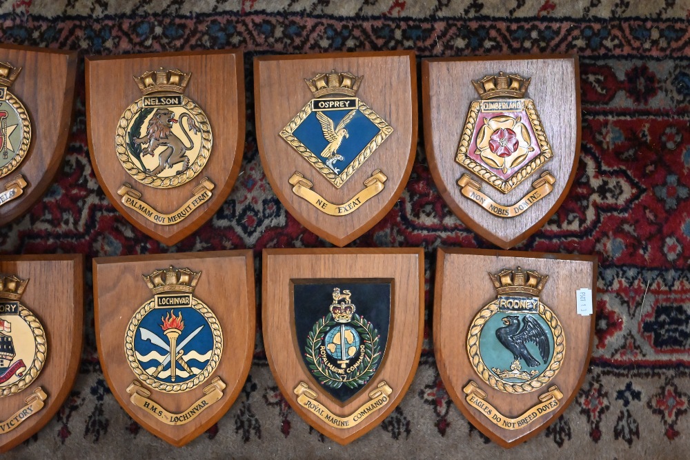 Ten Royal Naval ship's badges on oak shields, to/w a Royal Marines Badge - Image 3 of 3