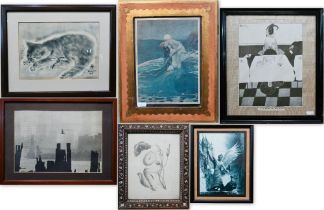 Box of various prints, some with decorative frames and including a Foujita cat print (box)