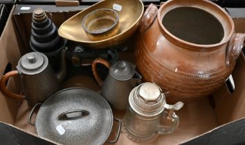 An antique planished pewter cafe au lait pair, a similar bowl and cover, a German glass beer-stein