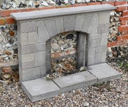 A cast stone fire surround with hearth, 92h x 135cm w o/a