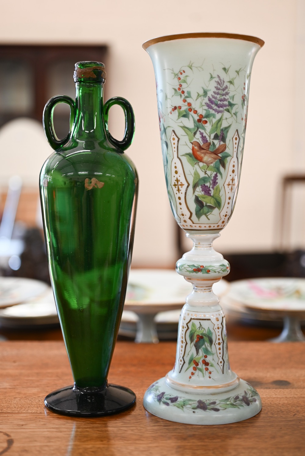 A Victorian floral-painted opaque glass flute-vase, 34 cm to/w a Victorian brown-glazed - Image 2 of 4