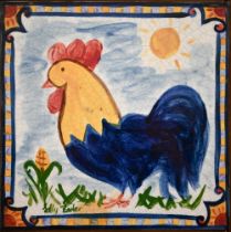 Sally Barker - A framed ceramic tile of a rooster, 40 x 40 cm overall