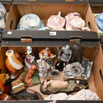 Various ornamental objects, including pewter figures, resin sheep and lion, ceramic figures, tea/