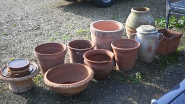 A Greek Cretan terracotta garden pot, 55 cm high to/w French lidded confit pot and various other