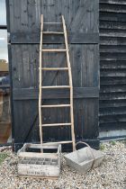 A rustic orchard ladder to/w a 'Brasserie Chateauroux' wooden crate and trug (3)