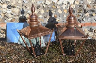 Three reproduction copper street lamps a/f (one without glass)