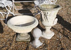 A reconstituted cast stone 'Medici' urn planter, 58 cm to/w French urn planter and ball finial (3)
