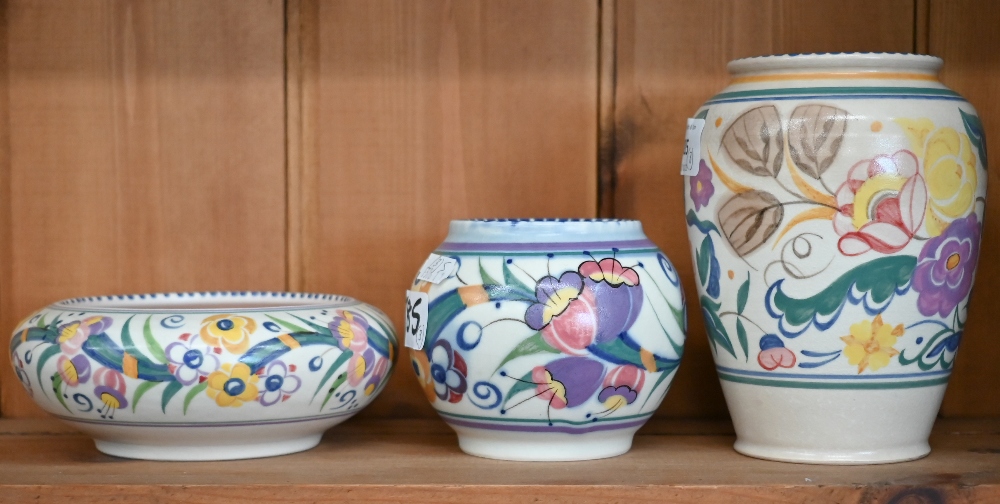 Two Poole pottery floral-painted vases, 15cm and 9 cm, to/w a 15 cm bowl with similar decoration (3) - Image 2 of 4