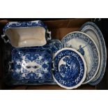 A graduated pair of Fielding & Co. blue and white painted ceramic meat-dishes, to/w a tureen and