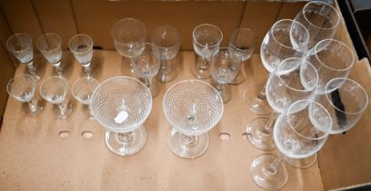 A pair of Victorian hollow-stemmed champagne saucers, to/w a set of six etched wine glasses and