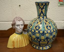 A Cantagalli majolica vase with painted decoration, 27 cm to/w a Cantagalli male bust (2)