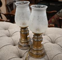 A pair of brass style bedside lamps with etched glass shades for re-wiring  (2)