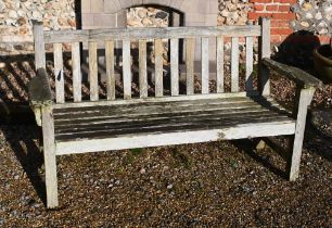 A weathered teak slatted garden bench, 160 cm wide