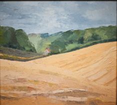 20th century English school - Corn field with distant house, oil on board, 34 x 38 cm