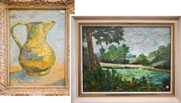 H St G Ralling - 'Egyptian water jug', oil on board, 39 x 29 cm to/w 'Sussex landscape' (2)