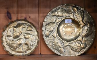 Two Arts & Crafts brass trays embossed with fish in the Newlyn manner (unmarked) 32/23 cm