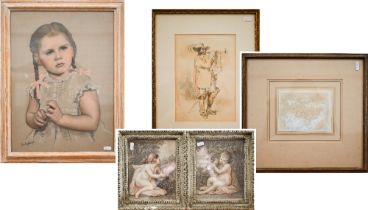 Five various pictures including watercolour figurative study, two Bartolozzi-type engravings of