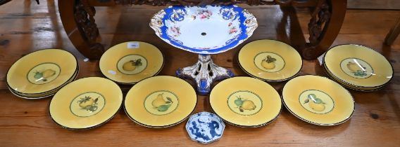 A Victorian Copeland and Garrett china fruit comport, painted with floral sprays on a blue ground,