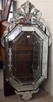 A classic Venetian style part etched glass wall mirror, 139 cm h x 73 cm w