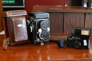 A Yashica 635 twin lens reflex camera in leather case with accessories, to/w an Asahi Pentax Auto