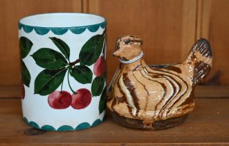 An antique Whieldon-type novelty 'hen' money-box, 8.5 cm high to/w a Wemyss pottery cylindrical