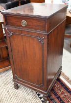 Antique mahogany side cabinet with single drawer and panelled cupboard, on square supports