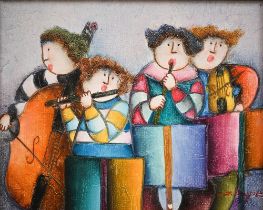 J Roybal - Musician quartet, oil on canvas, signed, 20 x 24 cm