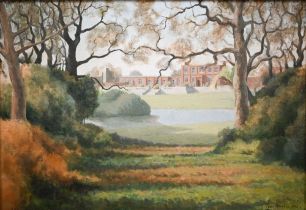 Tim Havers - Country house across parkland, oil on board, signed and dated 1972, 34 x 49 cm