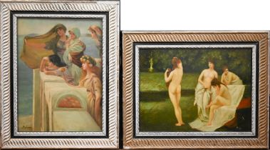 Balman after Alma Tadema, Aphrodite, oil on board, 39 x 29 cm and Riley - Bathing nymphs (2)