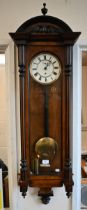 Vienna style walnut and ebonised wall clock c/w pendulum and key a/f, 120 cm high