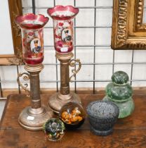 Two Persian candle-lamps, the glass shades painted with portraits of a Shah, to/w a Stourbridge