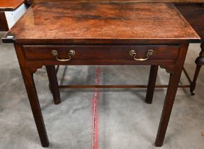 A 19th century fruitwood hall table with single frieze drawer raised on chamfered square supports,