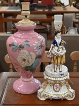 A Victorian floral-painted pink glass vase, 33 cm (converted as a lamp), to/w a continental china