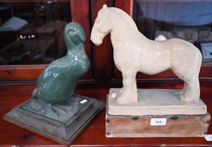 WITHDRAWN - An Art Deco pottery shire-horse, 28 cm long, to/w a green-glazed duck,
