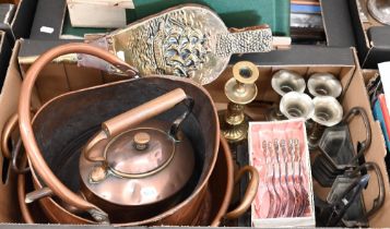 A copper kettle, preserving pan and coal helmet to/w a brass candlestick, trivet and other metalware