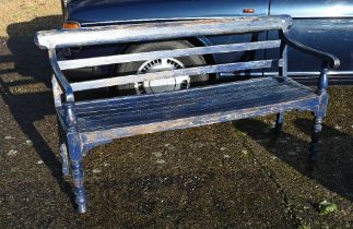 A slatted teak garden bench with weathered blue painted finish, 160 cm wide