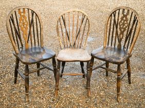 Pair of ash and elm wheelback side chairs to/w antique provincial spindle back chair (3)