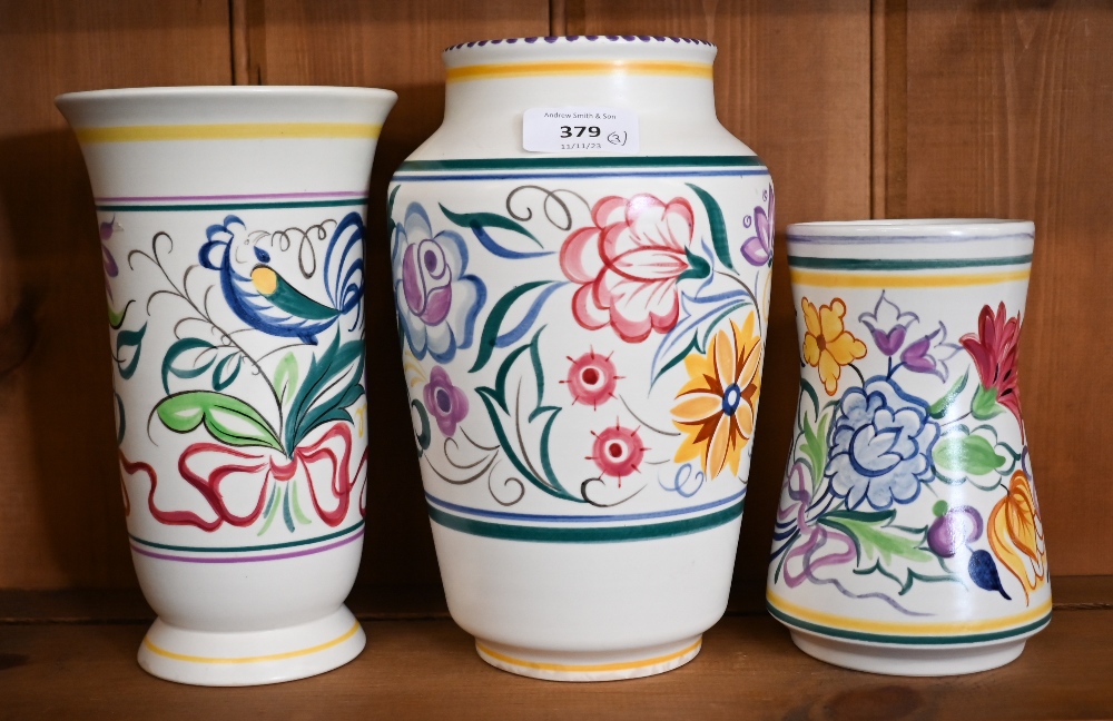 Three floral-painted Poole pottery vases, 22 - 16 cm - Image 2 of 2