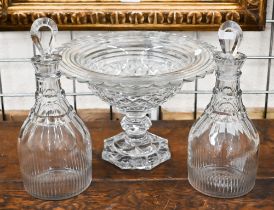 A pair of Georgian cut glass mallet decanters with teardrop blade stoppers, 24 cm o/a, to/w a