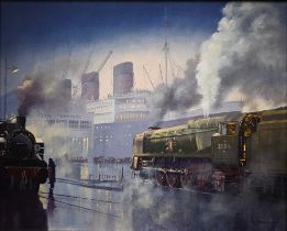 Rob Johnson - Southampton docks with steam train and ocean liner, oil on canvas, signed, 39.5 x 49