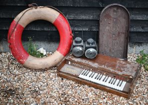 A vintage ships Perry Buoy to/with an old bagatelle board, a companion pair of vintage railway lamps