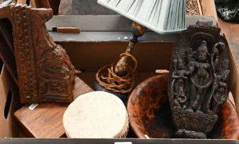 An Asian carved wood box in the form of a corbel to/w a Burmese relief-carved plaque, three turned