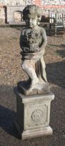 A cast reconstituted stone 'Four Seasons' cherub on square pedestal base, 122 cm high overall