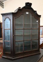 An antique Dutch glazed oak wall hanging display cabinet with three shelves, 76 cm wide x 15 cm deep