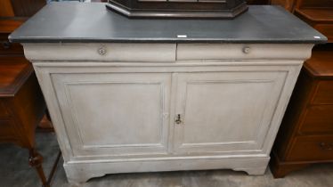 An antique Continental sideboard with two drawers over panelled cupboards in two-tone grey painted