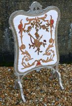 Continental painted and carved wood screen with embroidered fabric panel