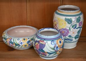 Two Poole pottery floral-painted vases, 15cm and 9 cm, to/w a 15 cm bowl with similar decoration (3)