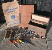 A vintage wood shove ha'penny board in original box - apparently unused to/w a wooden box containing