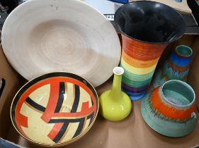 Two Art Deco Shelley vases with trailing multi-coloured glazes to/w a Carlton Ware bowl with angular